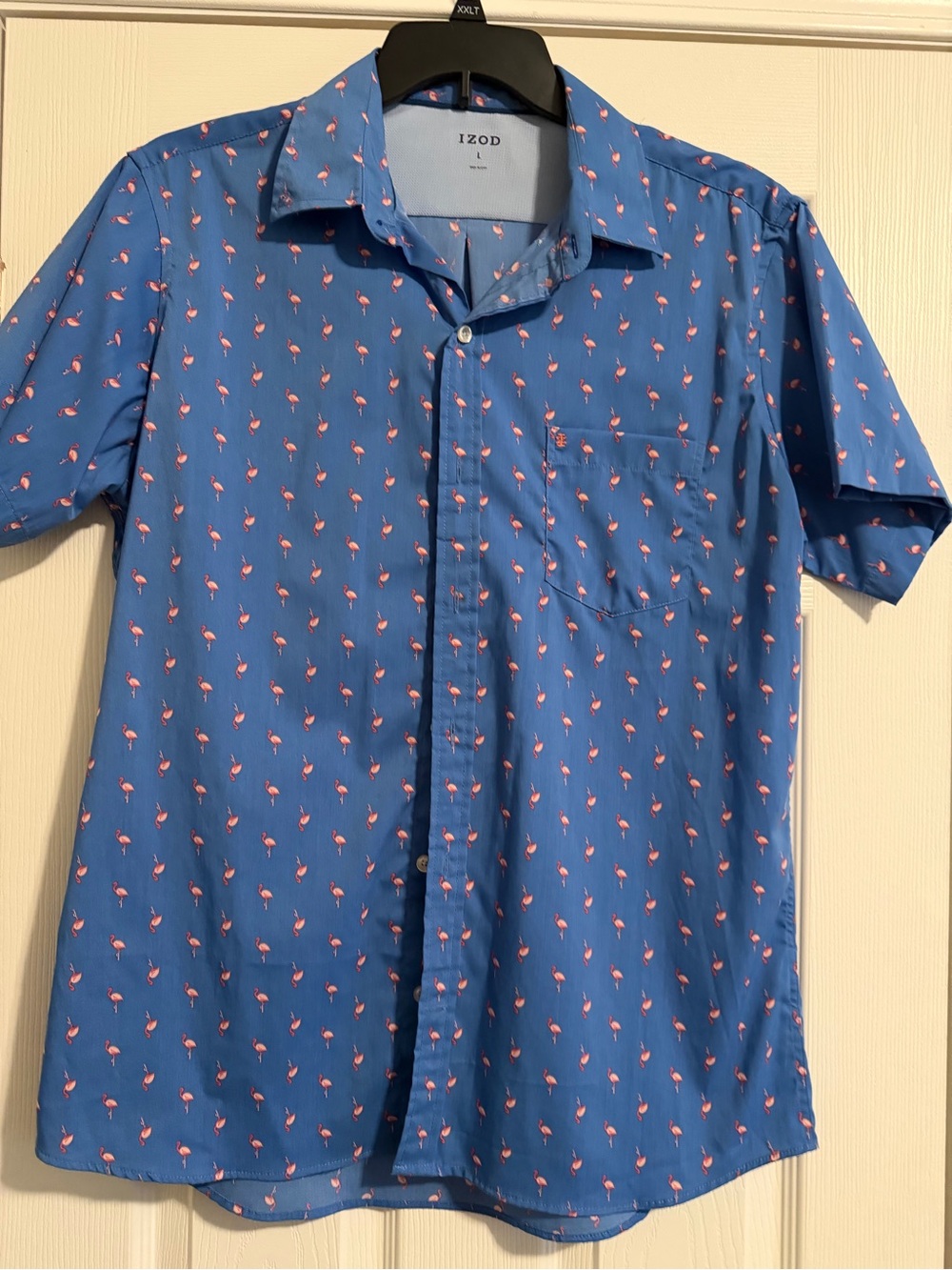 Izod Blue Short-Sleeve Button-Down with Pink Flamingo Print